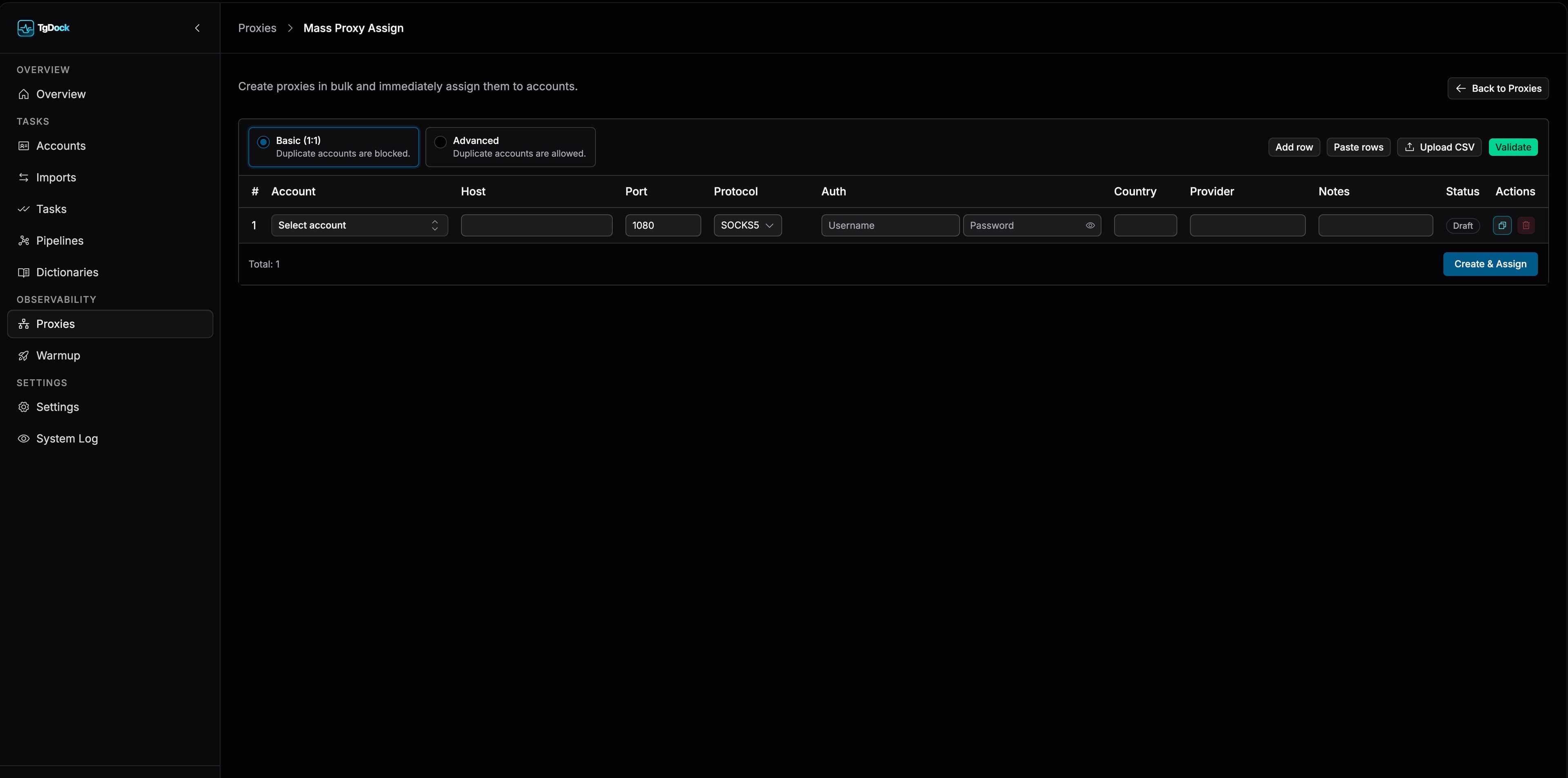 TG Dock proxy batch binding screen.