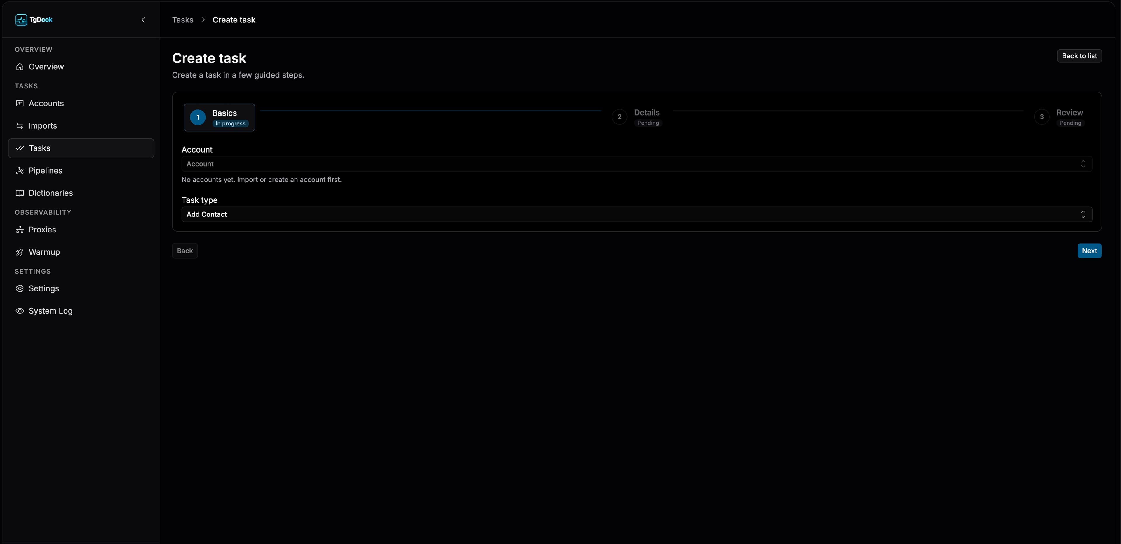 TG Dock task builder.