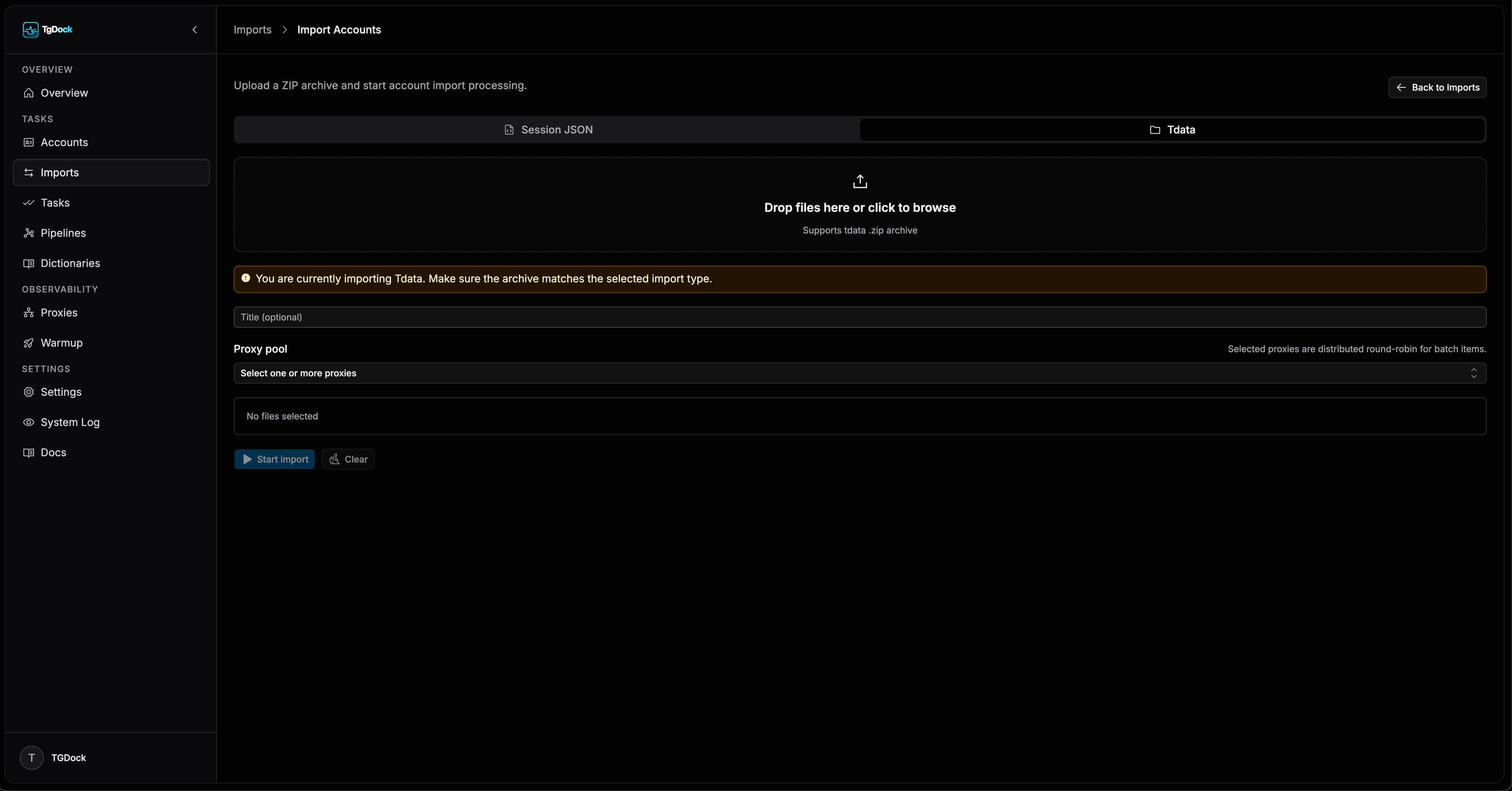 TG Dock account import screen.