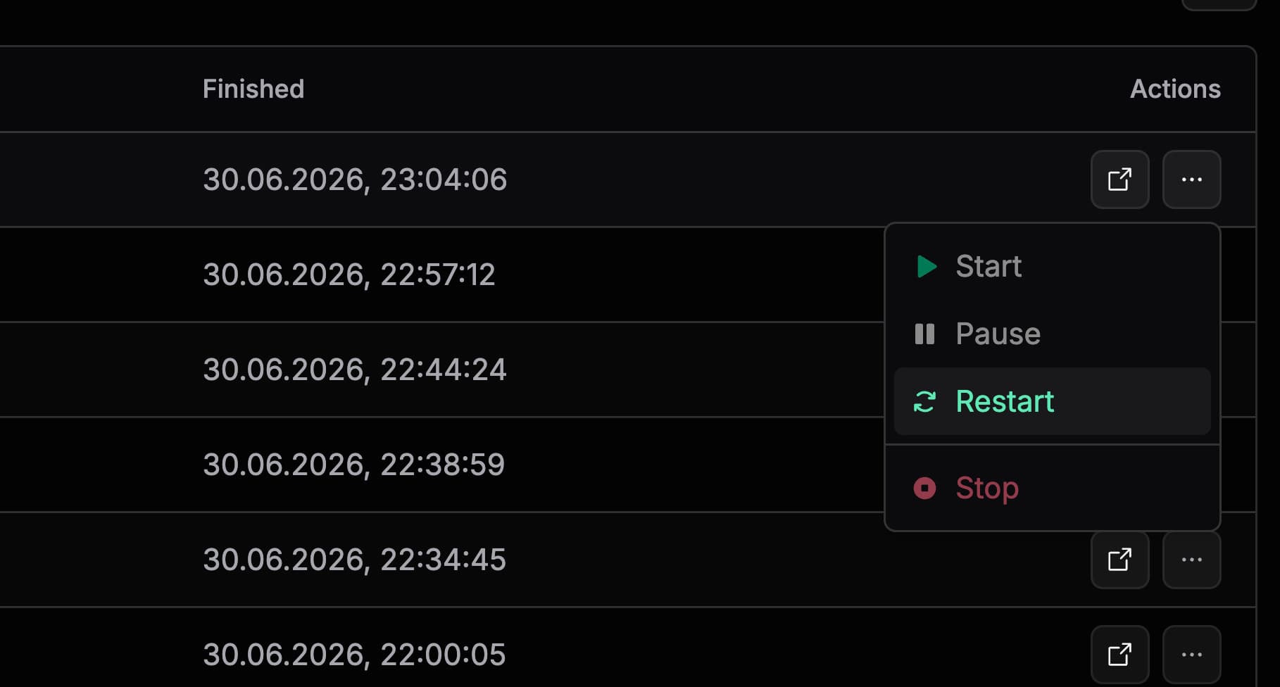 TG Dock full pipeline restart action.